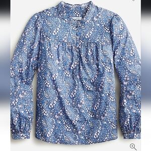 J. Crew X Liberty Fabrics Women's XS Button Front Rufflw Neck Popover Blue